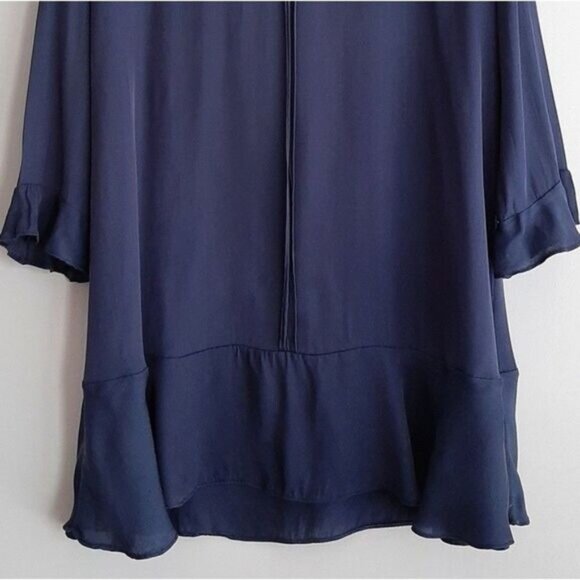 REPEAT Silk Blend Long Sleeve Shift Mini Dress Navy Blue Sz L - Picture 4 of 10